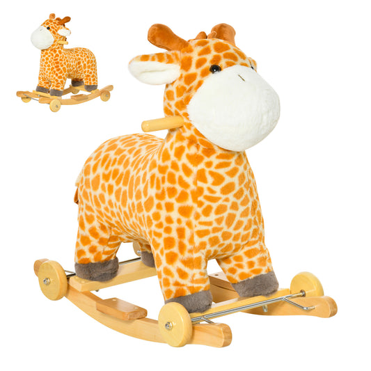 2-in-1 Kids Plush Ride-On Rocking Horse Toy, Giraffe-shaped Plush Rocker with Realistic Sounds for Children 3 to 6 Years, Yellow