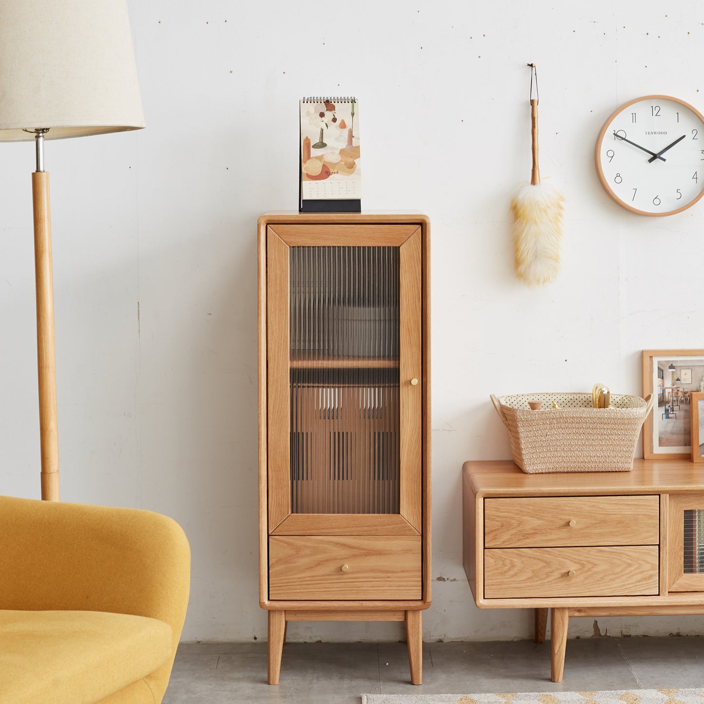 Elegant Oak Wood Corner Cabinet with Vintage Glass Door and Brass Handle