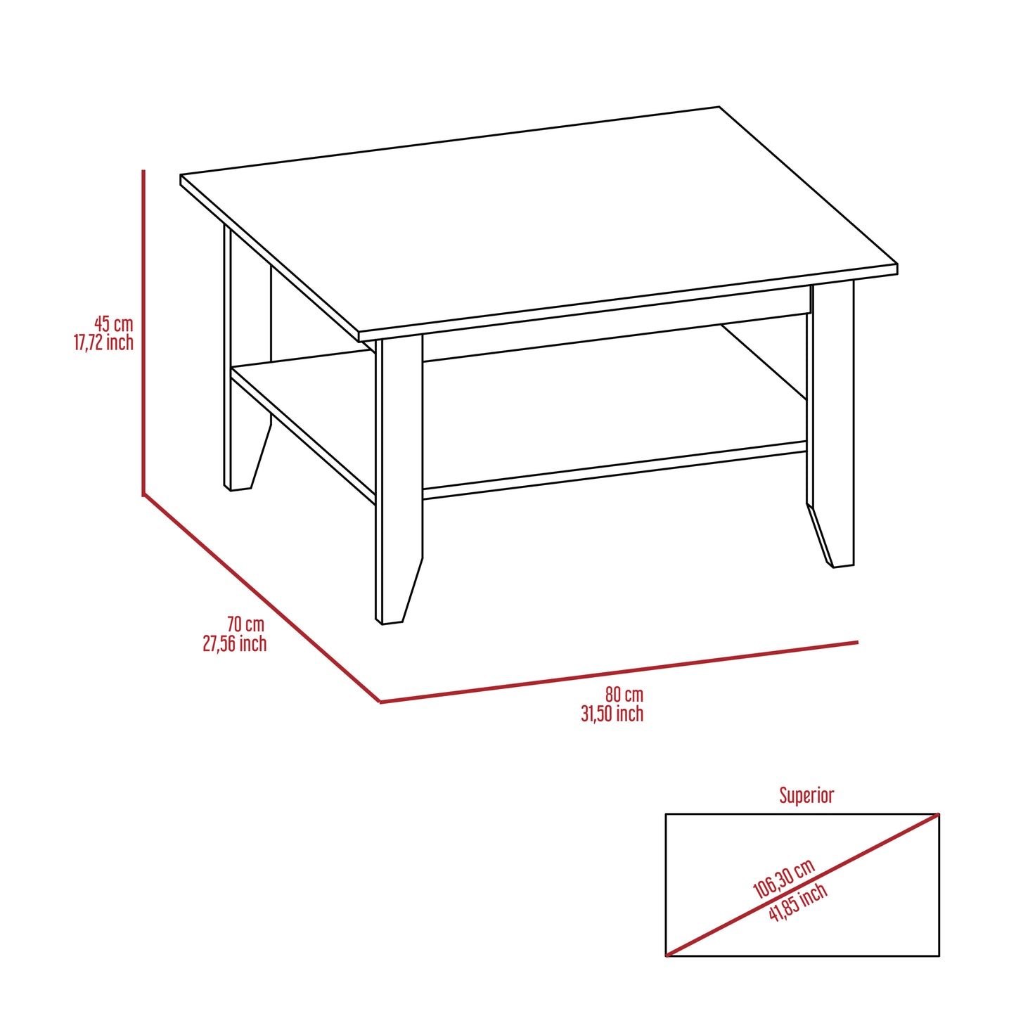 Sleek Black Coffee Table with One Shelf and Four Legs