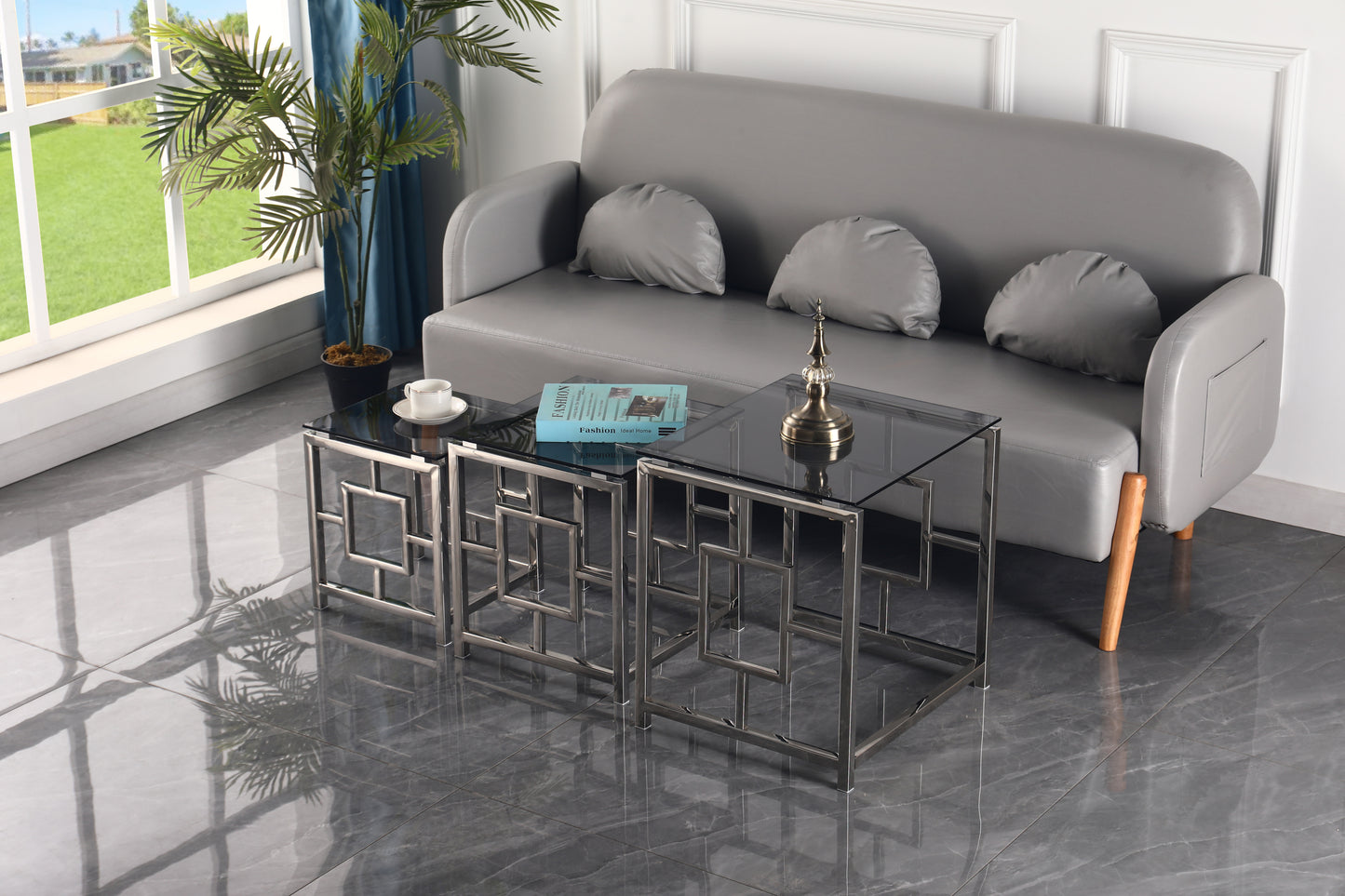 Silver Square Nesting Glass End Table Set with Stainless Steel Frame