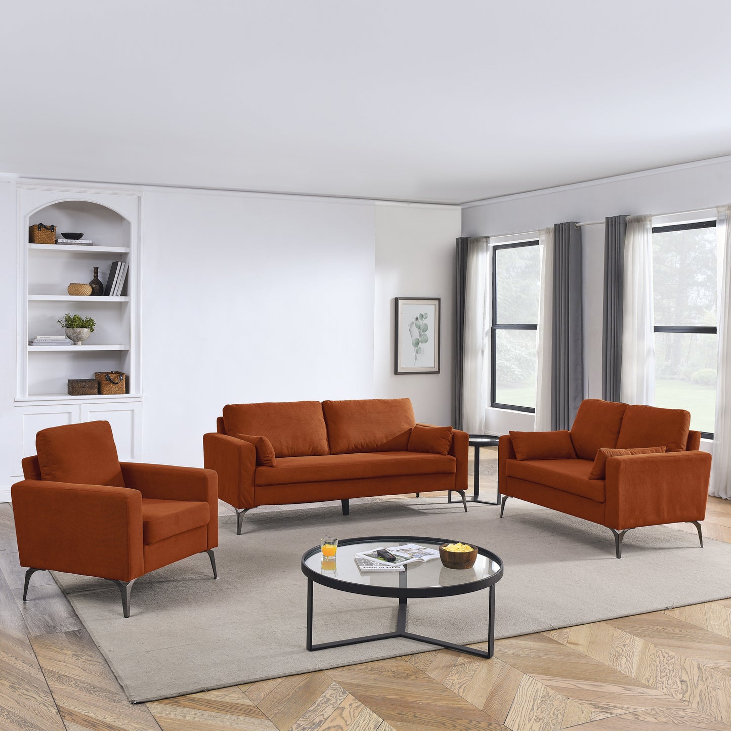 3-Piece Living Room Sofa Set with Corduroy Upholstery, Orange