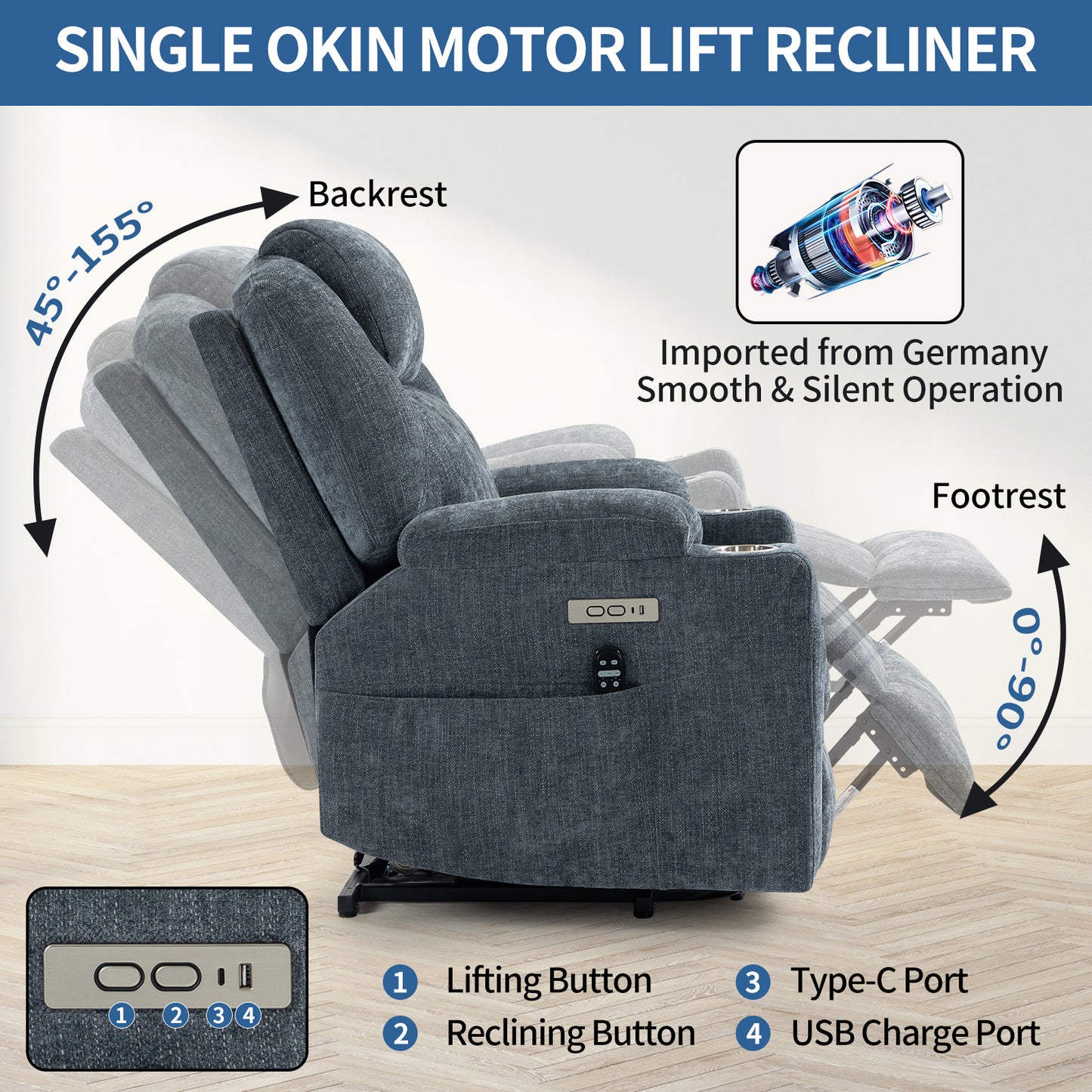 Blue Chenille Power Lift Recliner Chair with Massage and Lumbar Heating