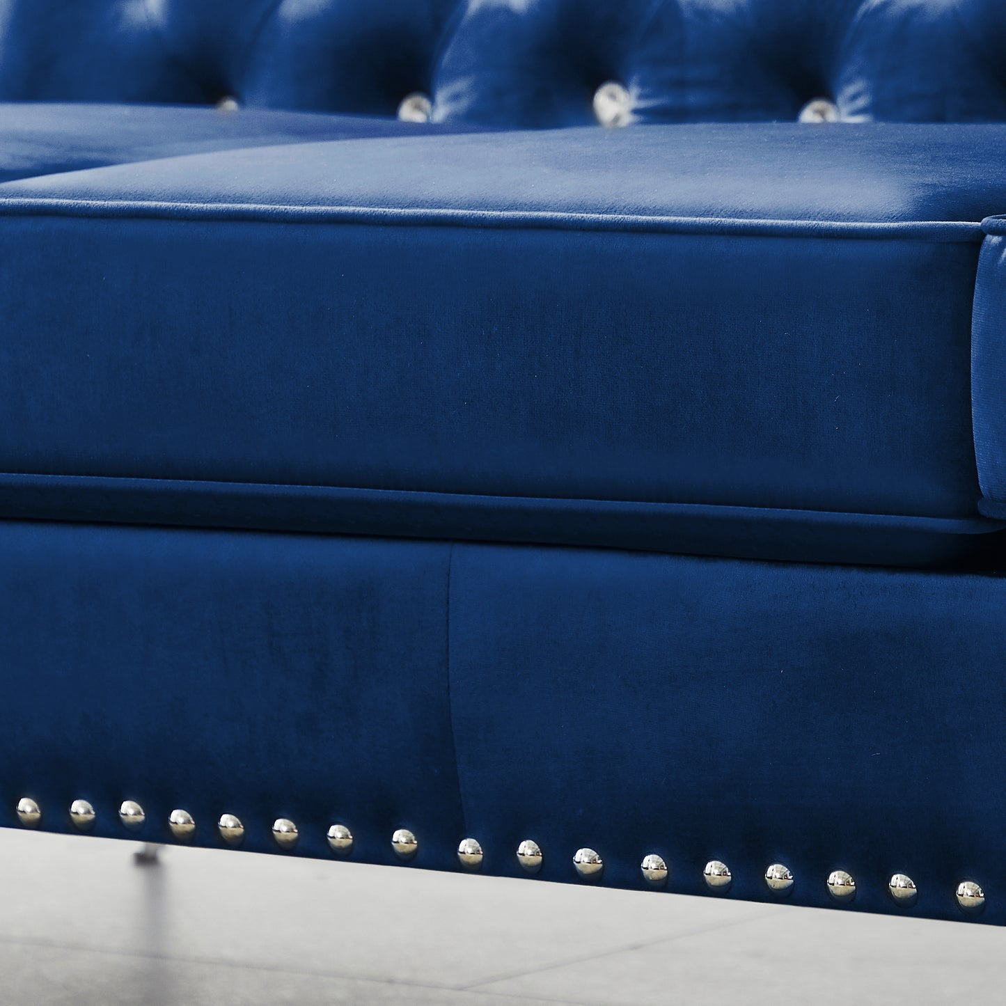 Blue Modern Velvet Sofa with Jeweled Buttons and Tufted Square Arms, 2 Pillows Included