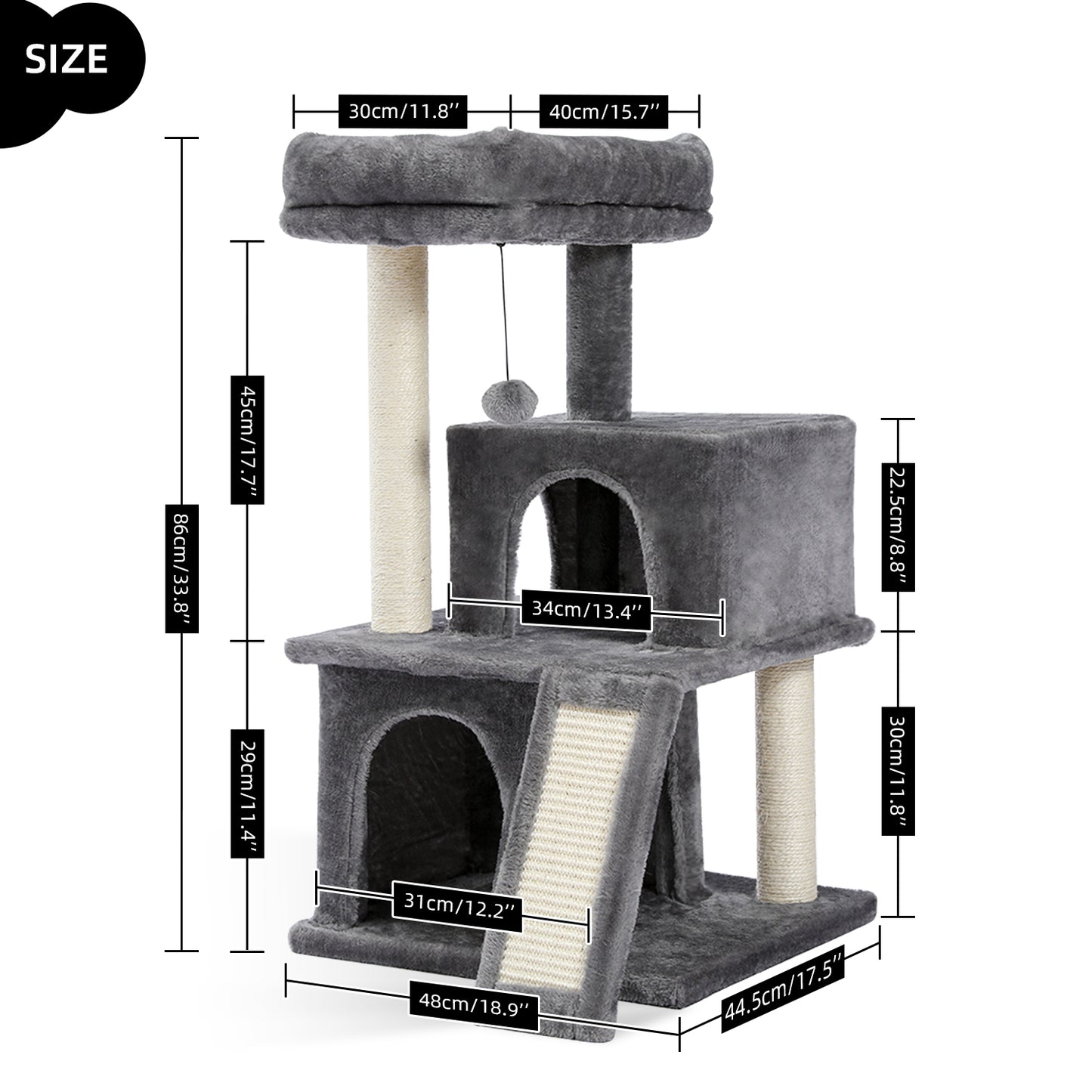 Cat Tree Luxury 34 Inches Cat Tower with Double Condos, Spacious Perch, Fully Wrapped Scratching Sisal Posts and Replaceable Dangling Balls Gray