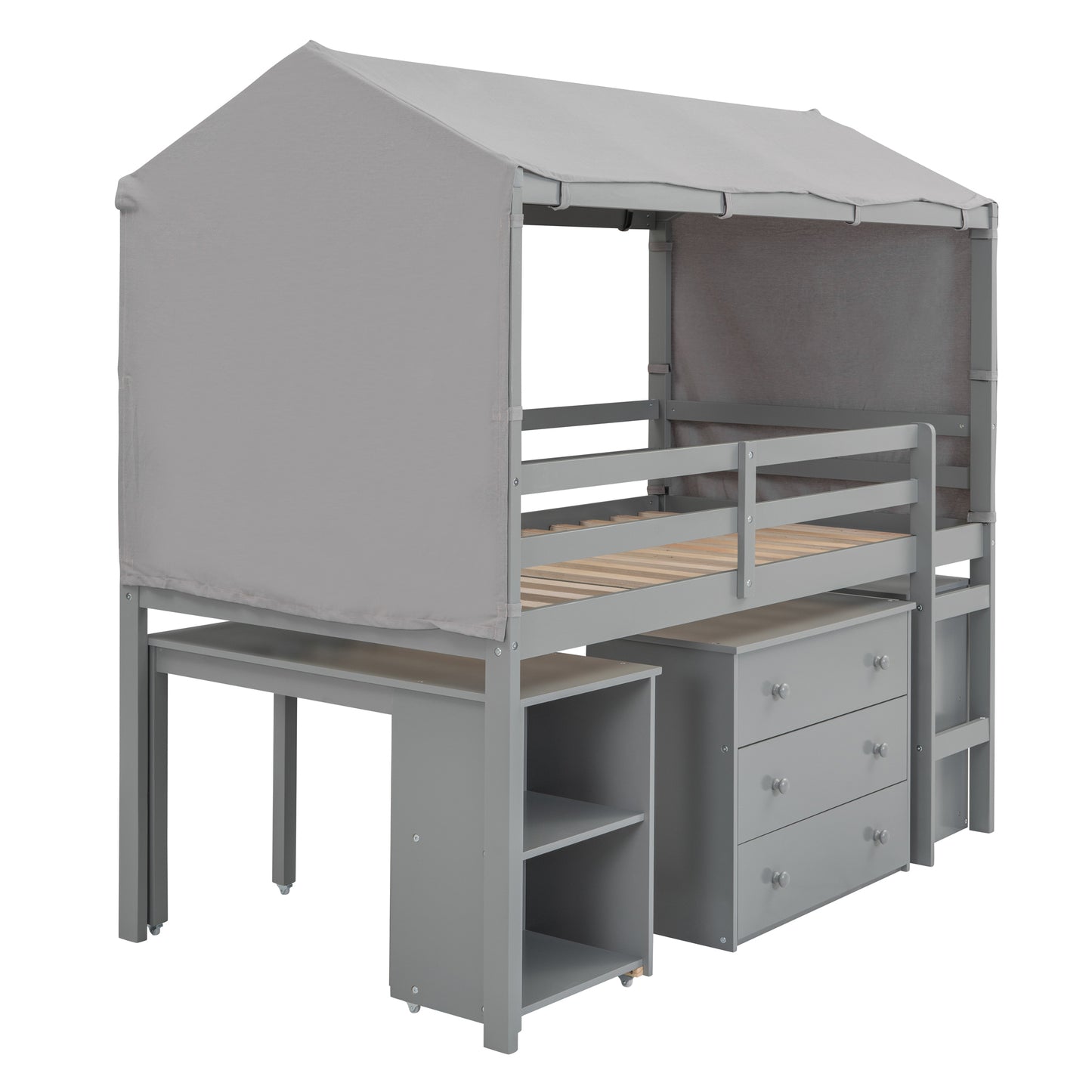 Twin Size Loft Bed with Rolling Cabinet, Shelf and Tent - Gray