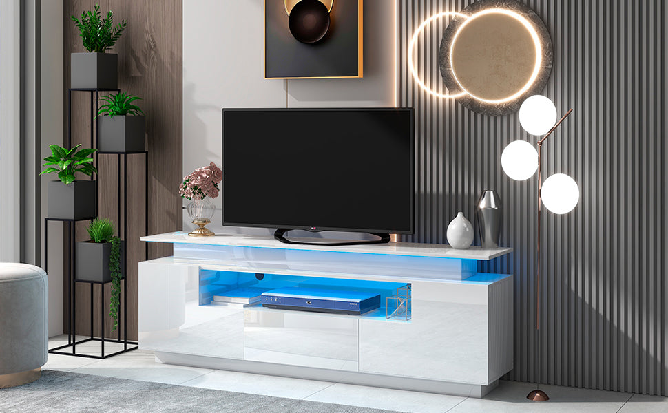 Sleek White LED TV Stand with Color Changing Lights & Ample Storage Space