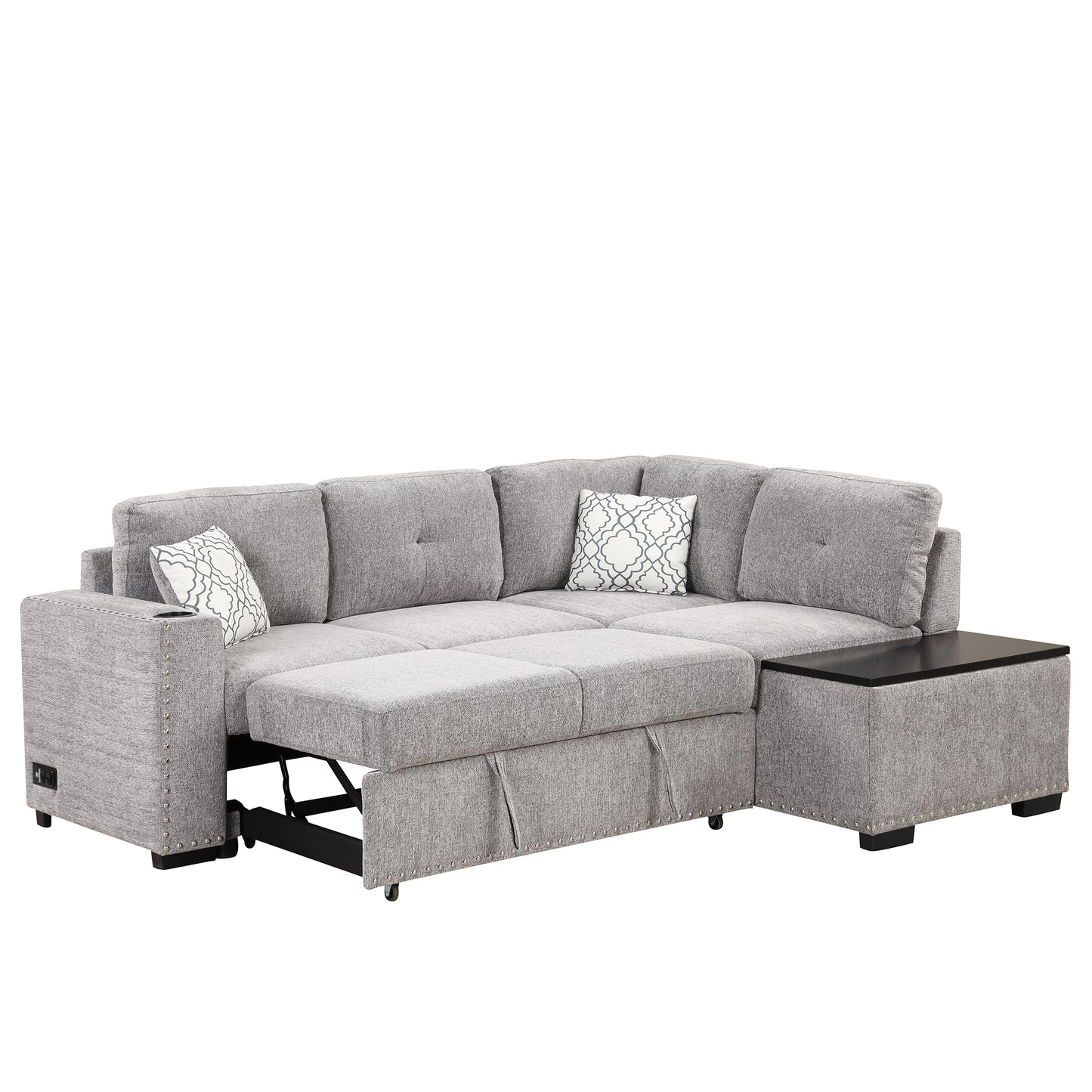 Convertible L-Shaped Sectional Sleeper Sofa with Storage Chaise and Charging Ports in Light Gray