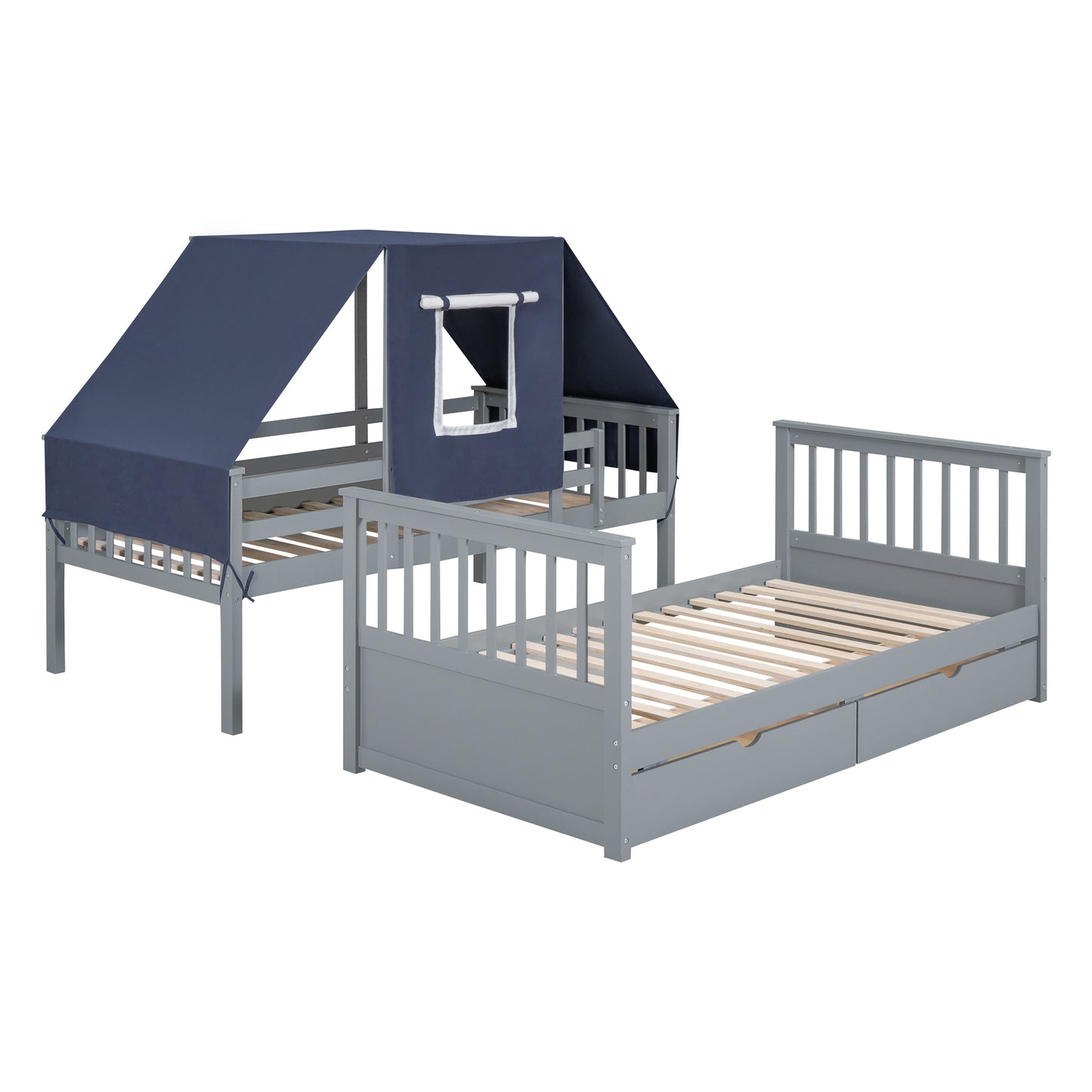 Twin Over Twin House Bunk Bed with Playful Tent and Storage Drawers, Gray+Blue Theme