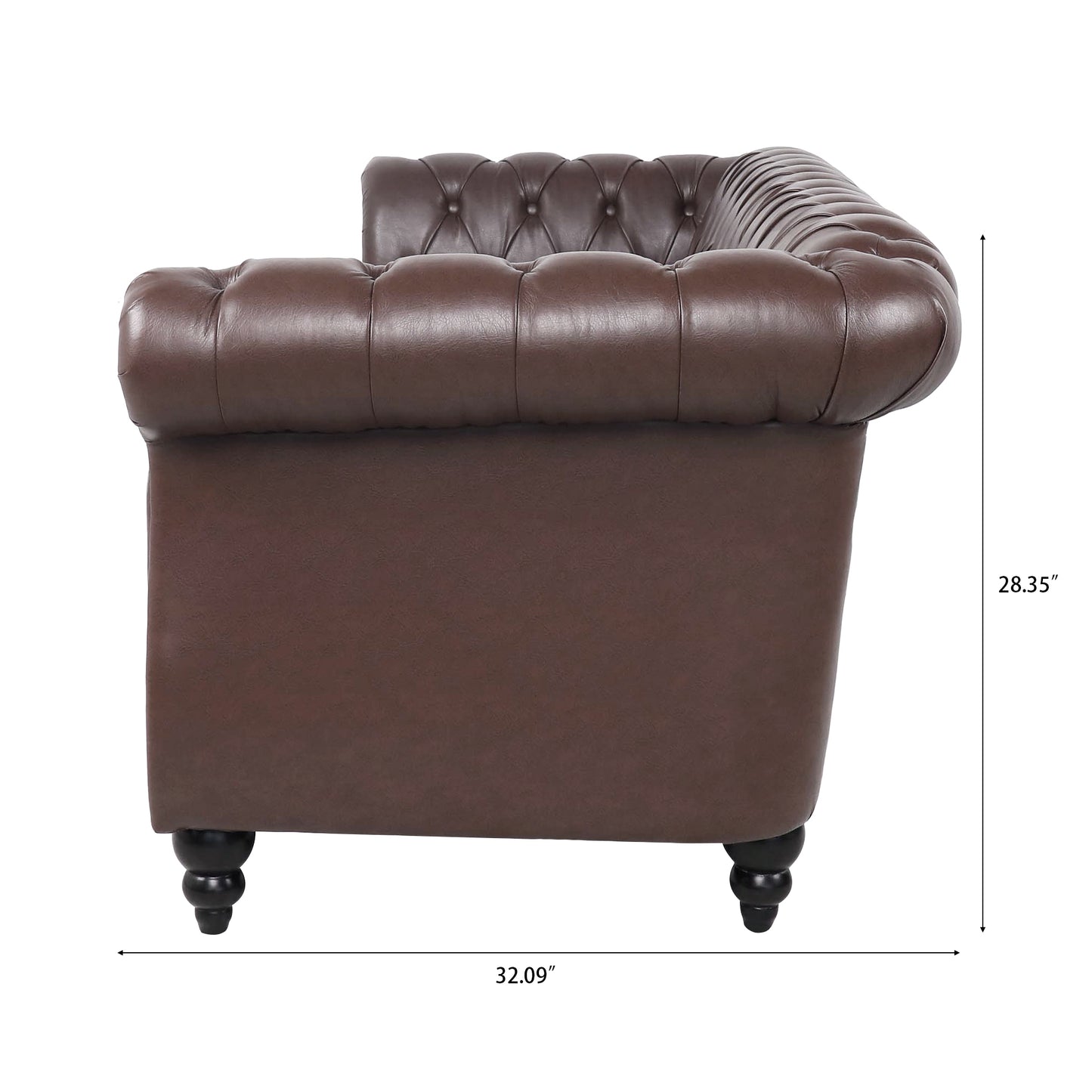 Elegant Dark Brown 84.65 PU Leather Chesterfield Three Seater Sofa with Rolled Arms