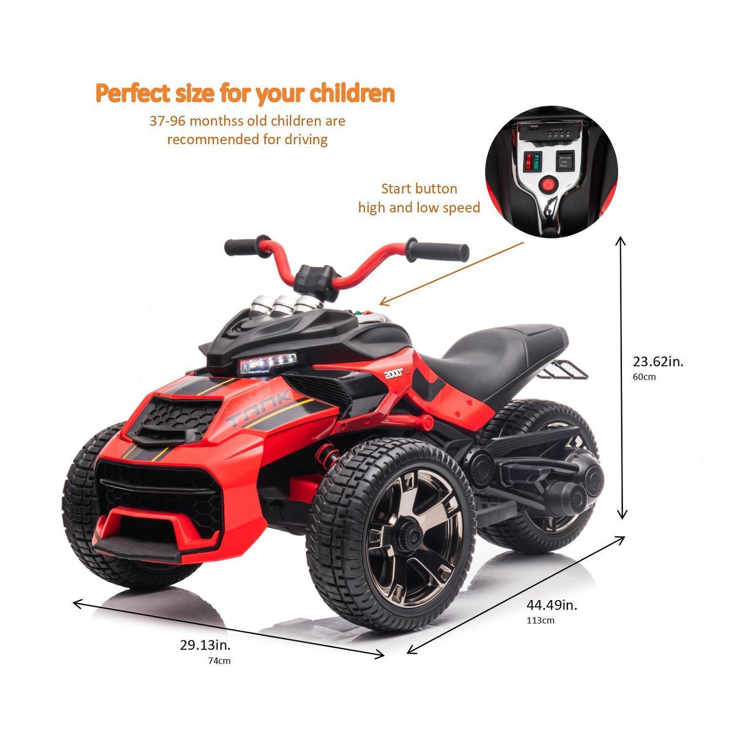 24V Kids Ride On ATV, 3 Wheeler Electric Vehicle, Battery Powered Ride on Motorcycle for Boys Girls with LED Lights, Music, High Low Speed, Soft Start