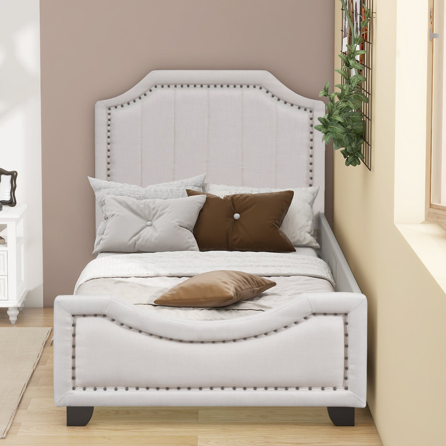 Twin Size Upholstered Platform Bed with Nailhead Trim Decoration and Guardrail, Beige