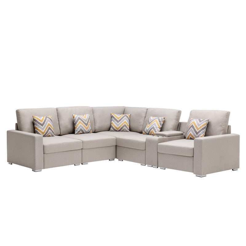 Beige Linen Fabric 6-Piece Reversible Sectional Sofa with USB, Cupholders, Storage Console Table and Pillows