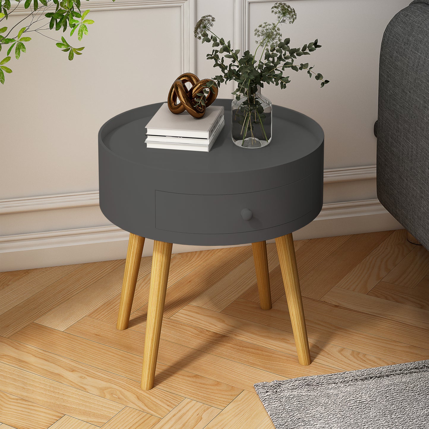 Gray Modern Coffee Table with Drawer and Oak Table Legs