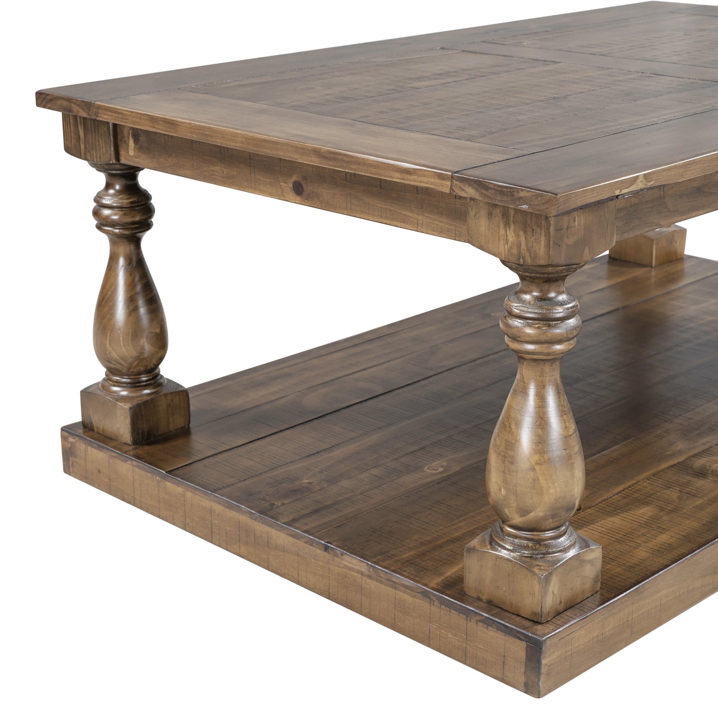 Rustic Pine Wood Coffee Table with Lower Storage Shelf and Carved Pillar Details