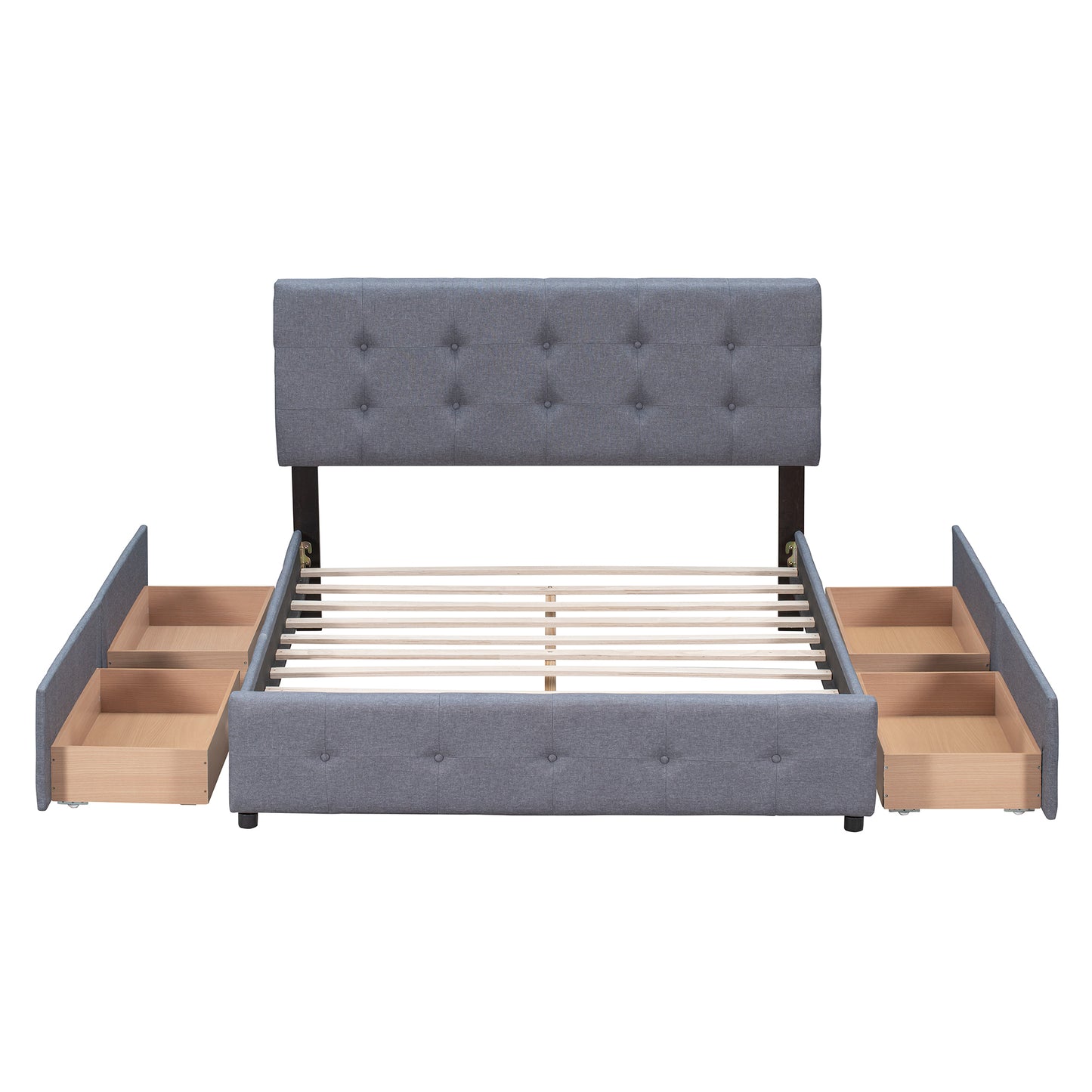 Upholstered Platform Bed with Classic Headboard and 4 Drawers, No Box Spring Needed, Linen Fabric, Queen Size Dark gray