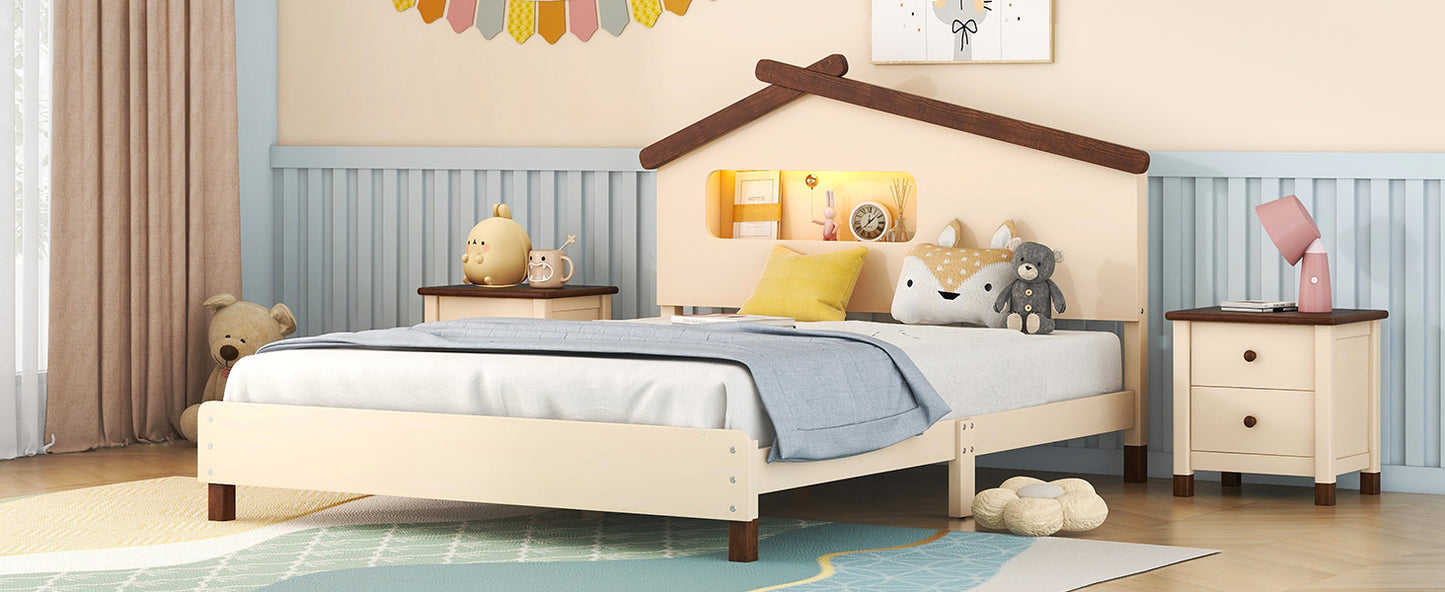 Full Size Wood Platform Bed with House-shaped Headboard and Motion Activated Night Lights (Cream+Walnut)