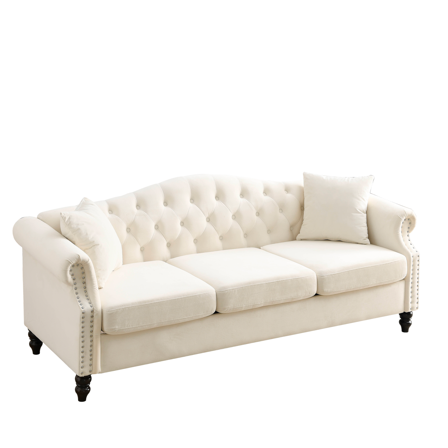 [Video] 79" Chesterfield Sofa Beige Velvet for Living Room, 3 Seater Sofa Tufted Couch with Rolled Arms and Nailhead for Living Room, Bedroom, Office, Apartment, two pillows