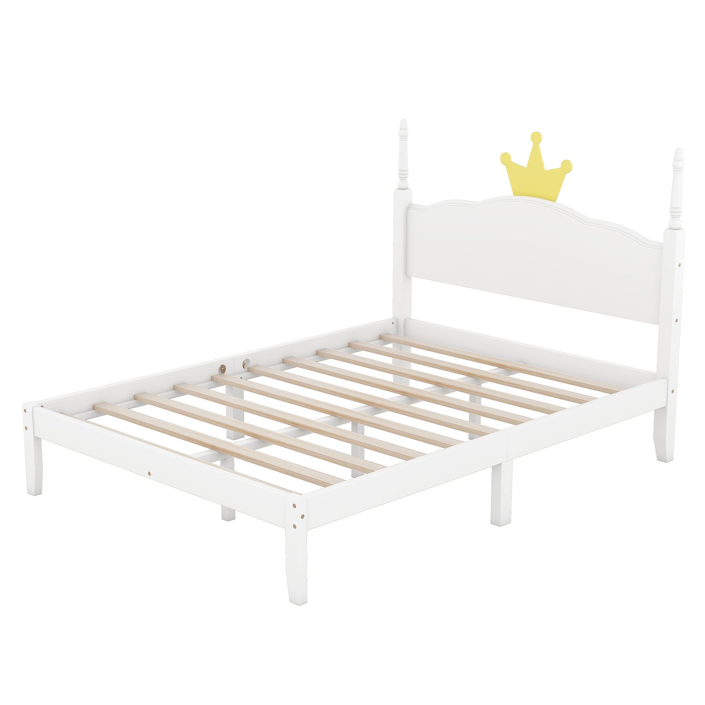 Full Size Wood Platform Bed with Crown Shaped Headboard, White