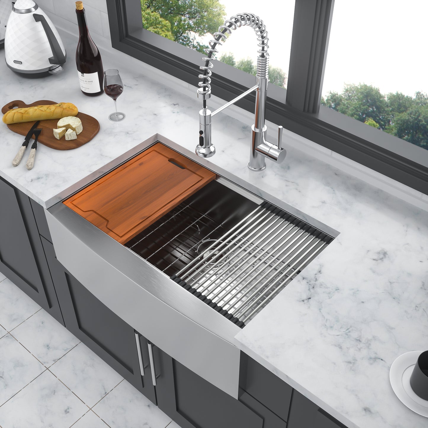 Stainless Steel Farmhouse Kitchen Sink with Workstation and Offset Drain