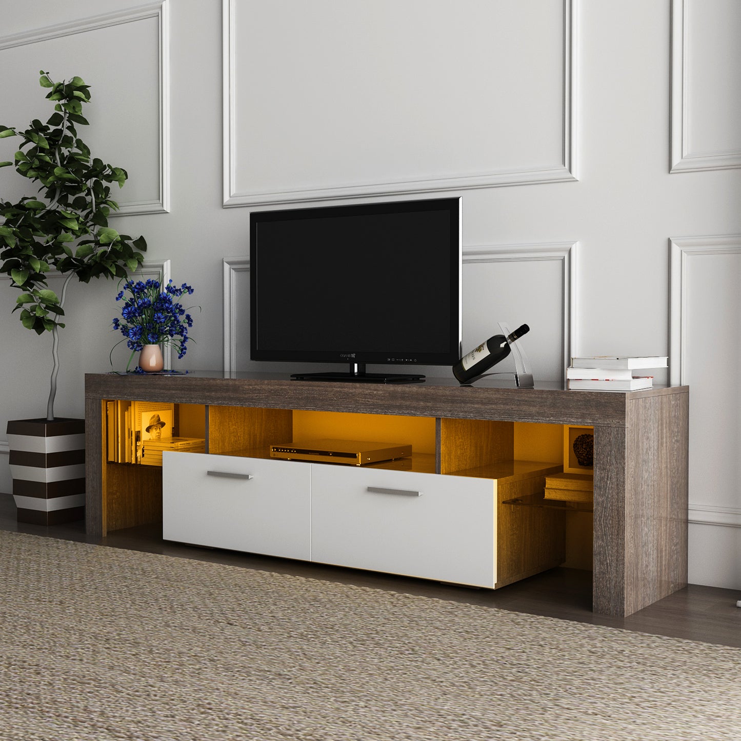 Modern Brown TV Stand with LED Lights and Toughened Glass Shelf