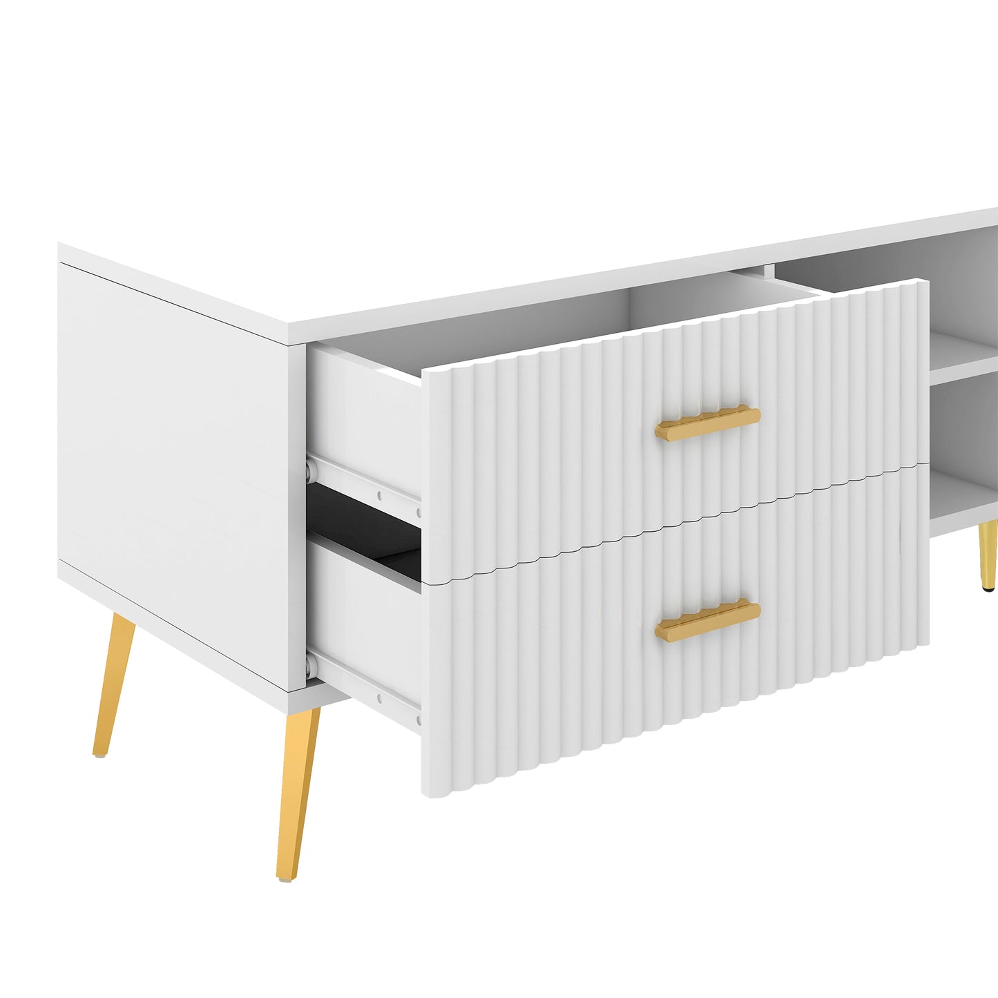 Stylish White Modern TV Stand with Champagne Legs - Accommodates TVs up to 77