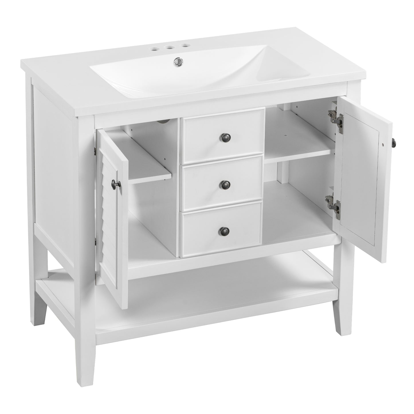 36" Bathroom Vanity with Ceramic Basin, Two Cabinets and Drawers, Open Shelf, Solid Wood Frame, White