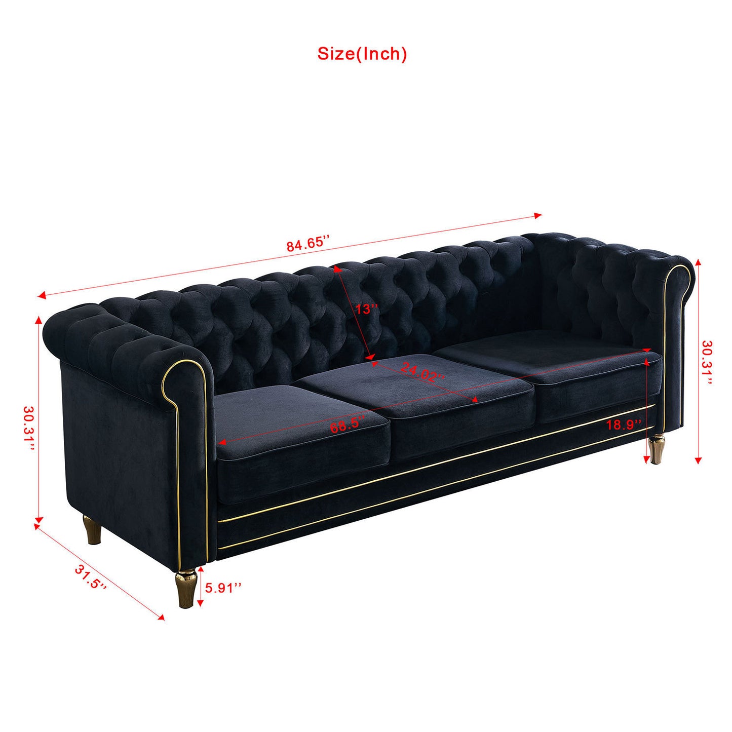 Chesterfield Velvet Sofa 84.65 inch for Living Room Black Color