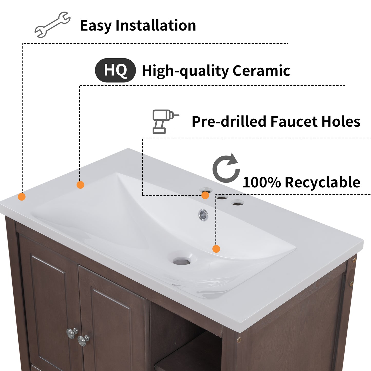 30" Bathroom Vanity with Sink, Bathroom Storage Cabinet with Doors and Drawers, Solid Wood Frame, Ceramic Sink, Brown