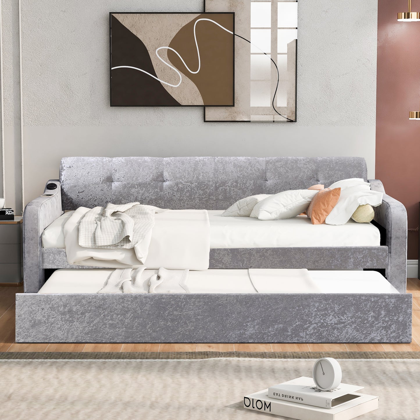 Twin Size Snowflake Velvet Daybed with Trundle and USB Charging Design,Gray