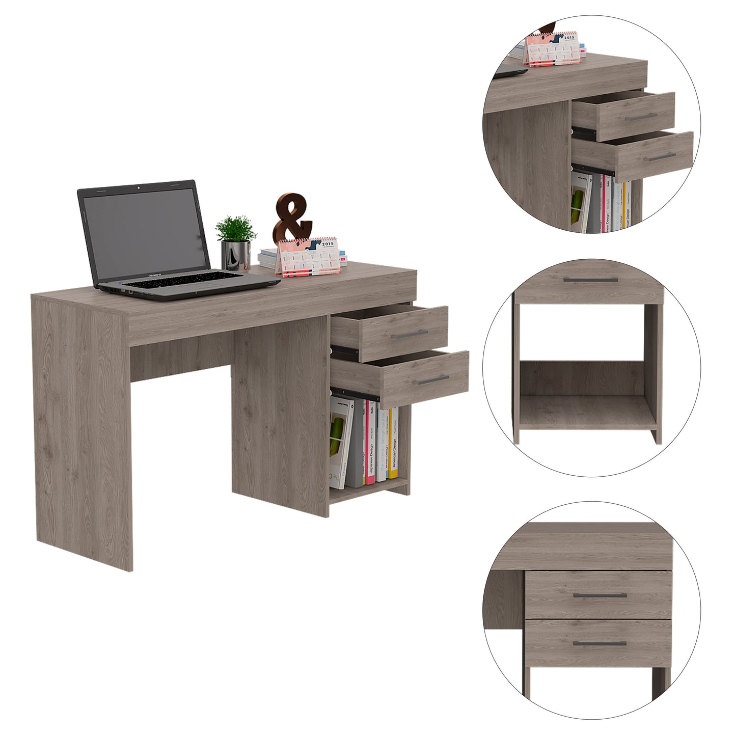 Ibare Light Gray Computer Desk with Two Drawers and Lower Shelf