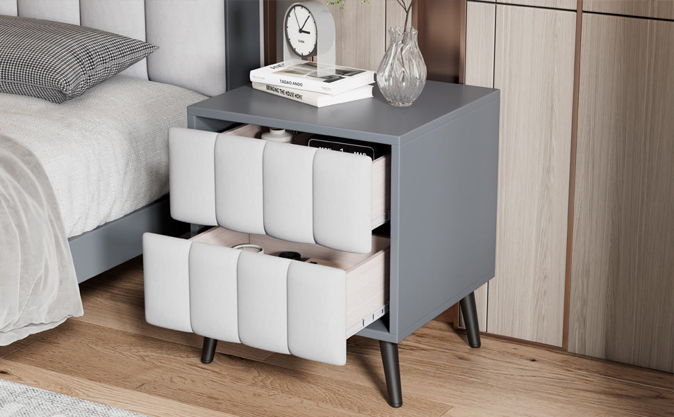 2-Drawer Nightstand for Bedroom, Mordern Wood+Linen Bedside Table with Classic Design,Gray+White