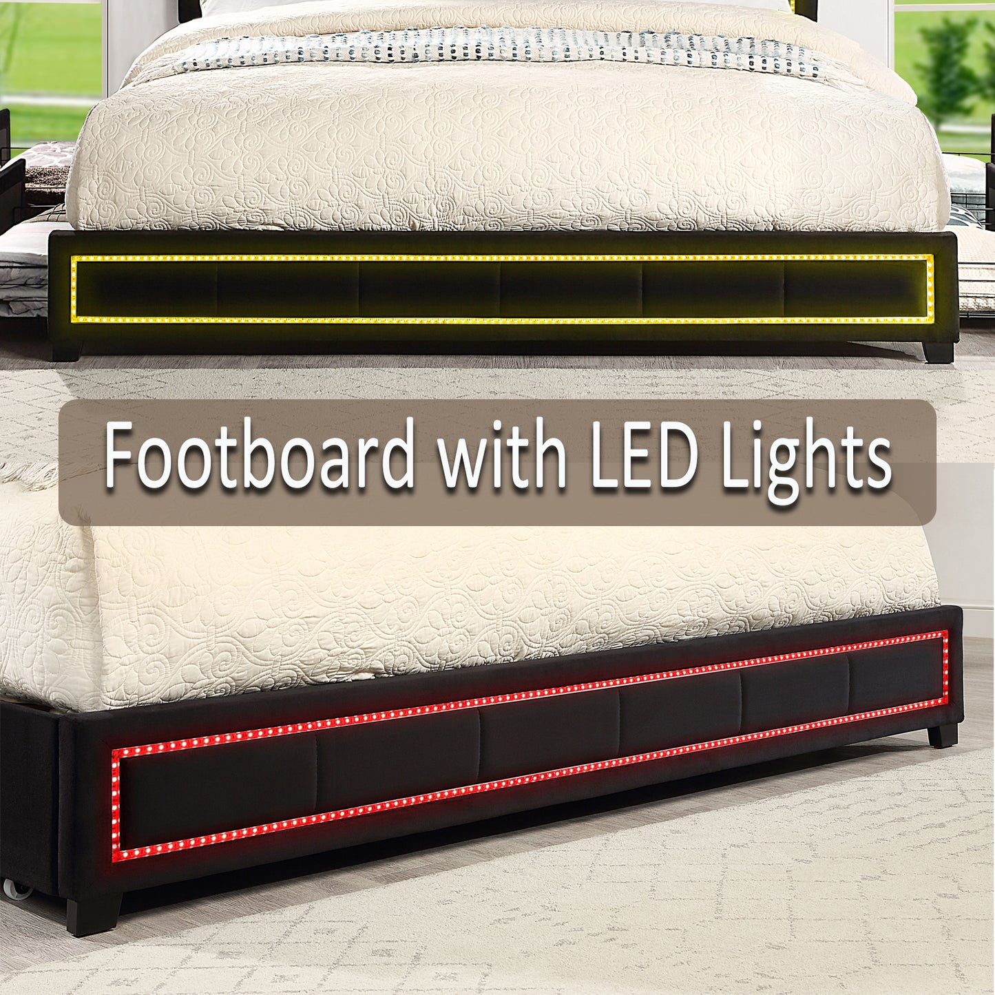 Upholstered Eastern King Size Platform Bed with LED Lights, Storage Bed with 4 Drawers, Black color fabric