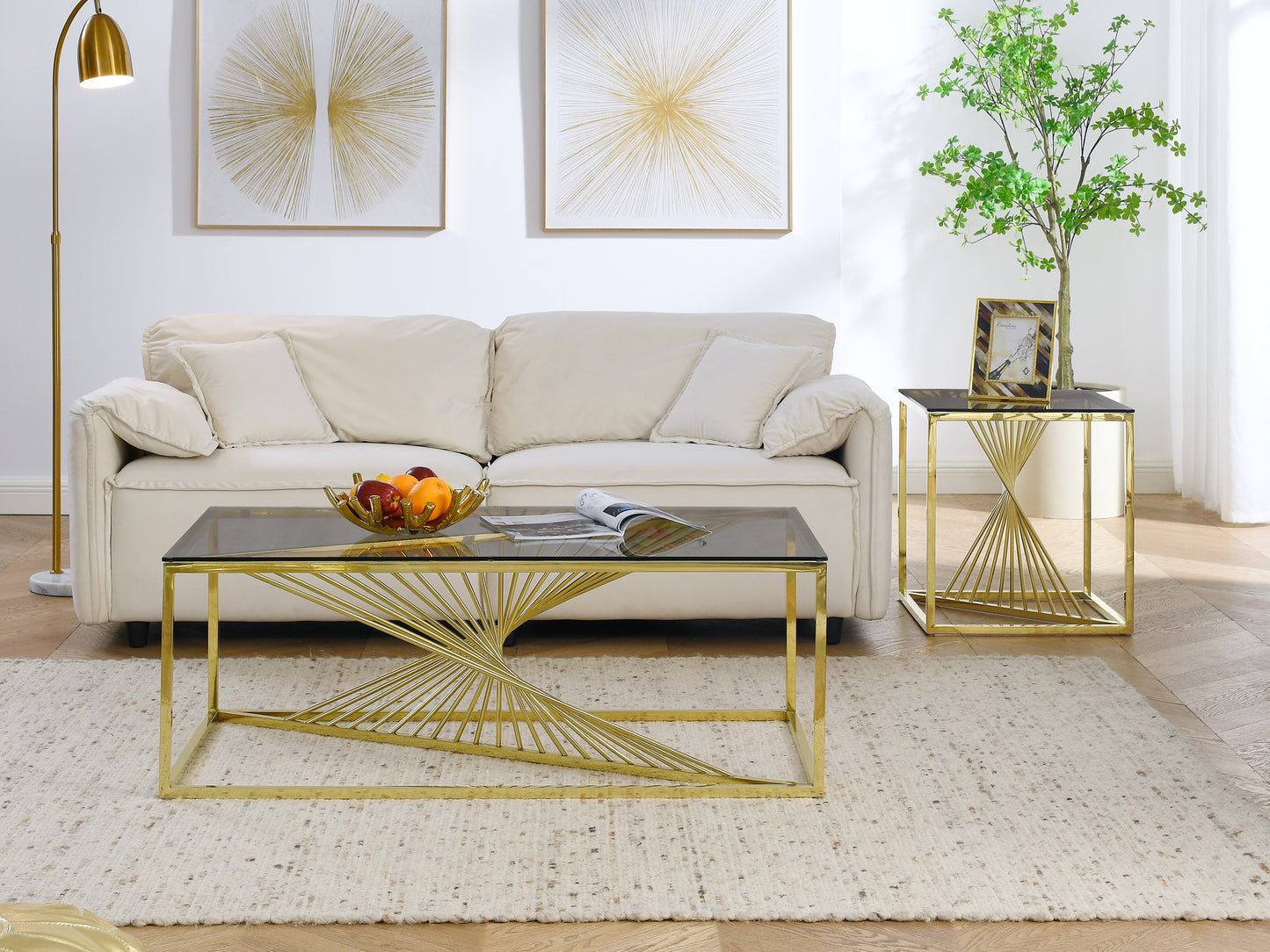 Luxurious Gold Stainless Steel Coffee Table with Clear Glass Top