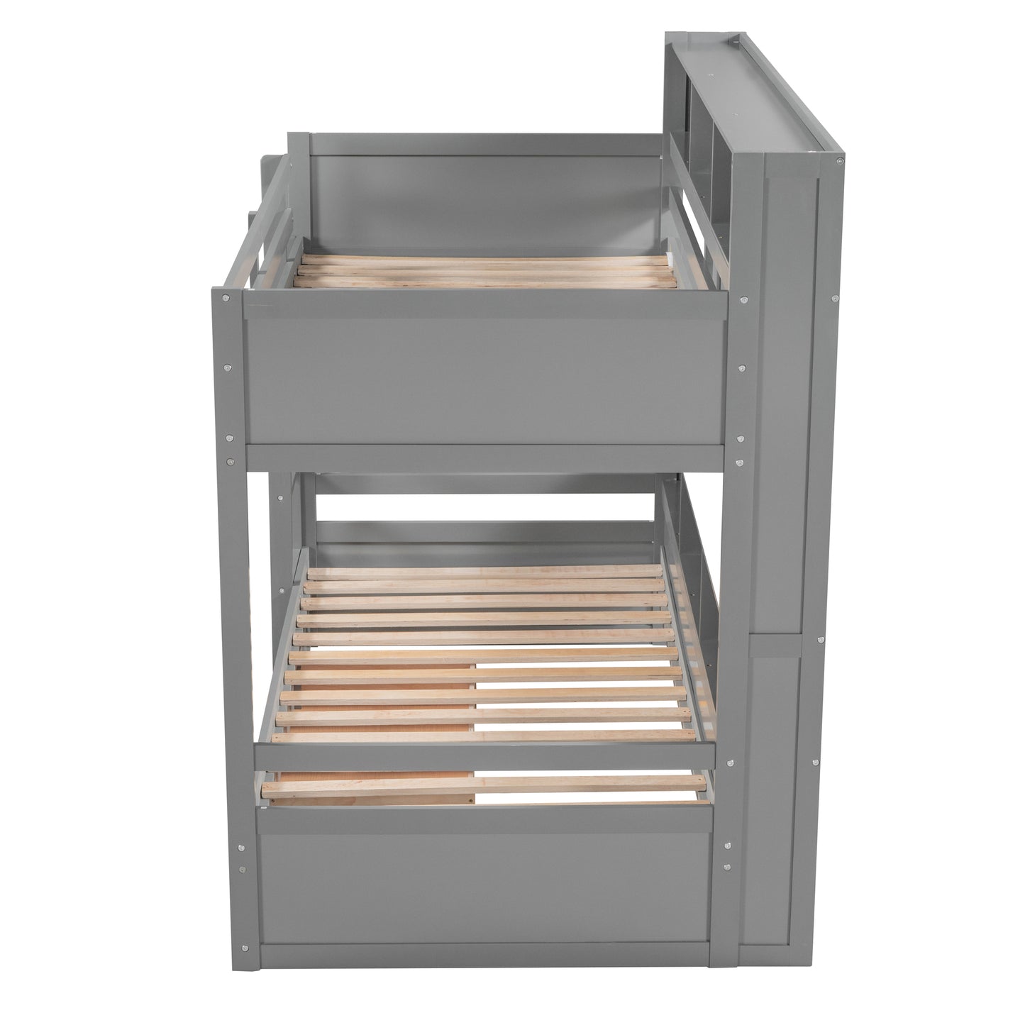 Twin Size Gray Bunk Bed with Storage Drawer and Built-in Shelves