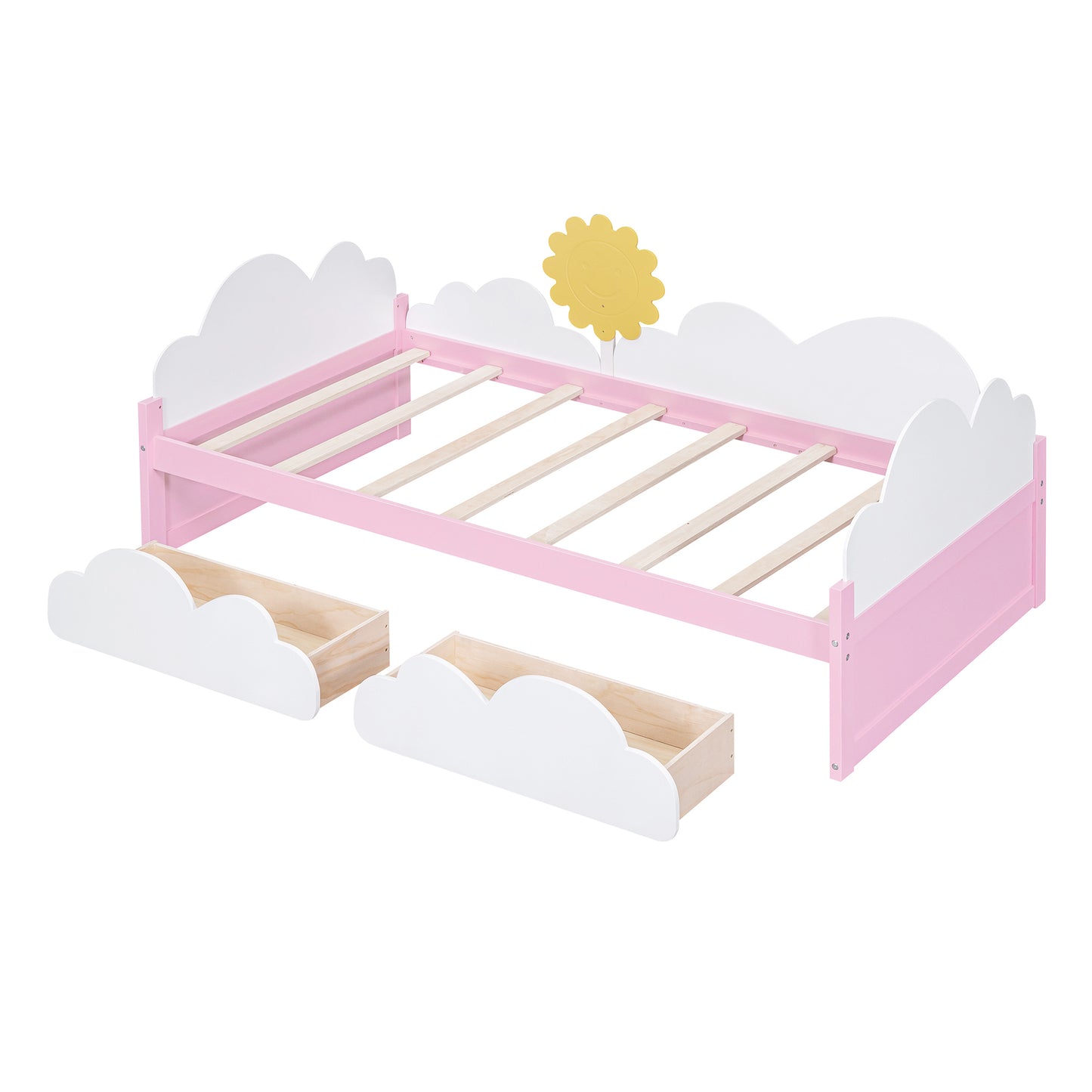 Twin Size Bed with Clouds and Sun Decor, Platform Bed with 2 Drawers (White+Pink)