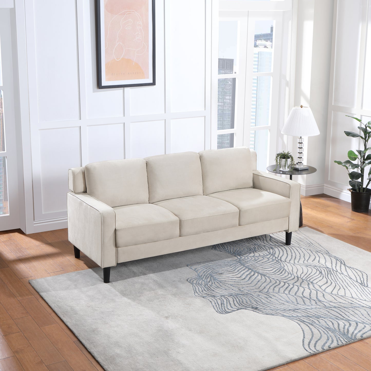 Timeless Beige Velvet Mid-Century Modern 3 Seater Sofa