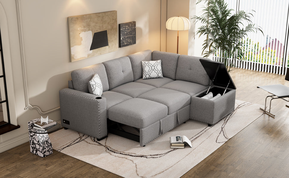 Convertible L-Shaped Sectional Sleeper Sofa with Storage Chaise and Charging Ports in Light Gray