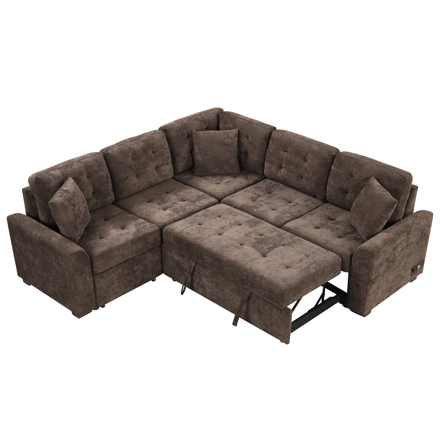 Convertible L-Shape Sleeper Sofa with USB Ports and Power Sockets, Brown