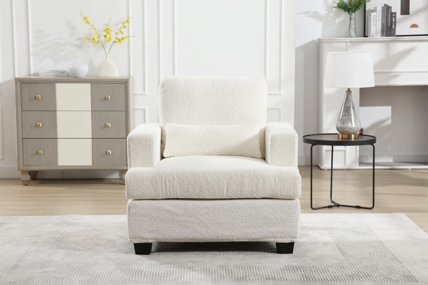 Contemporary 37 Modern Chair with Square Armrest, Removable Back Cushion, and Waist Pillow (White & Gray Fabric)