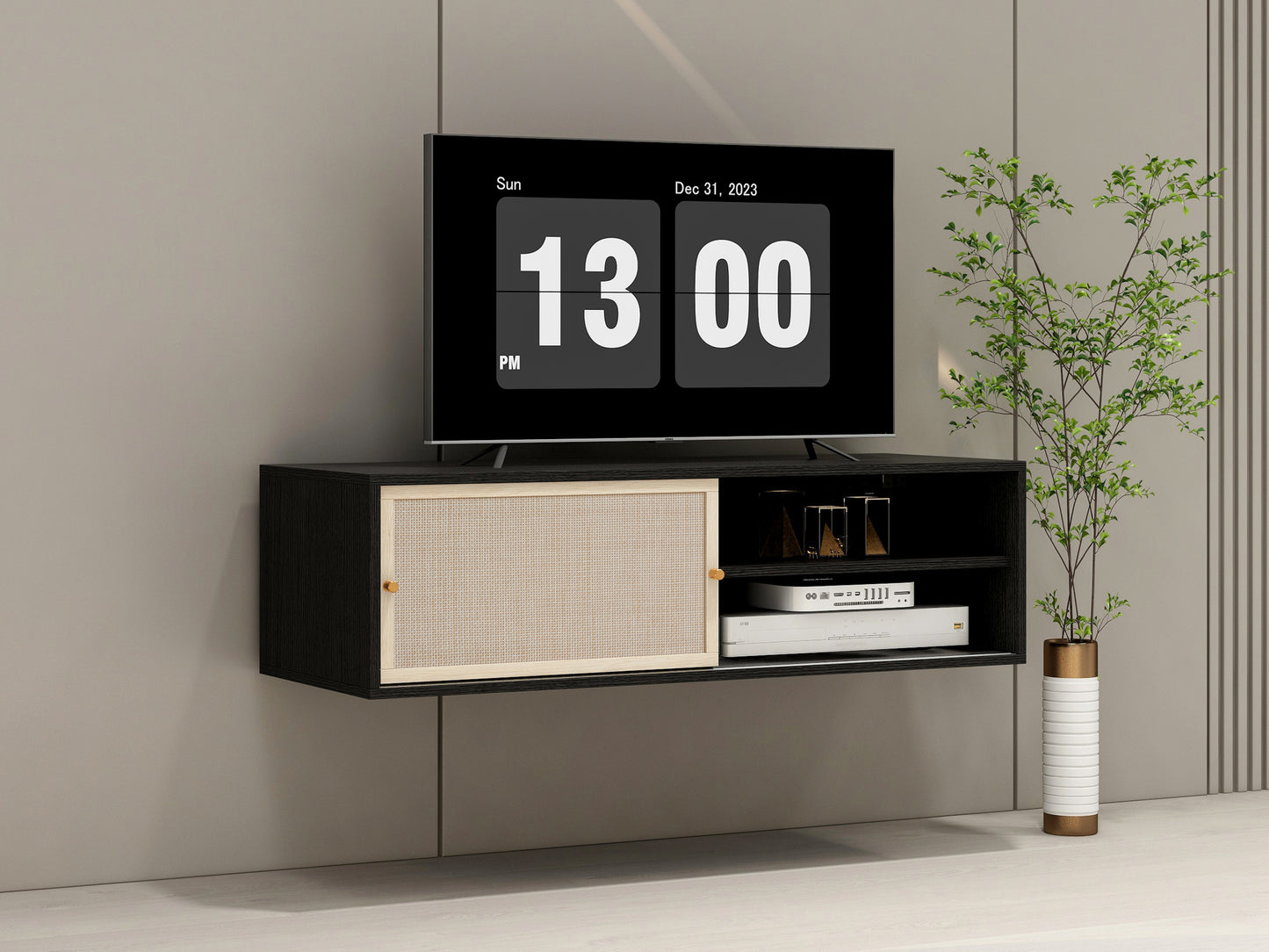 Elegant Wall-Mounted Rattan TV Stand with Storage Options