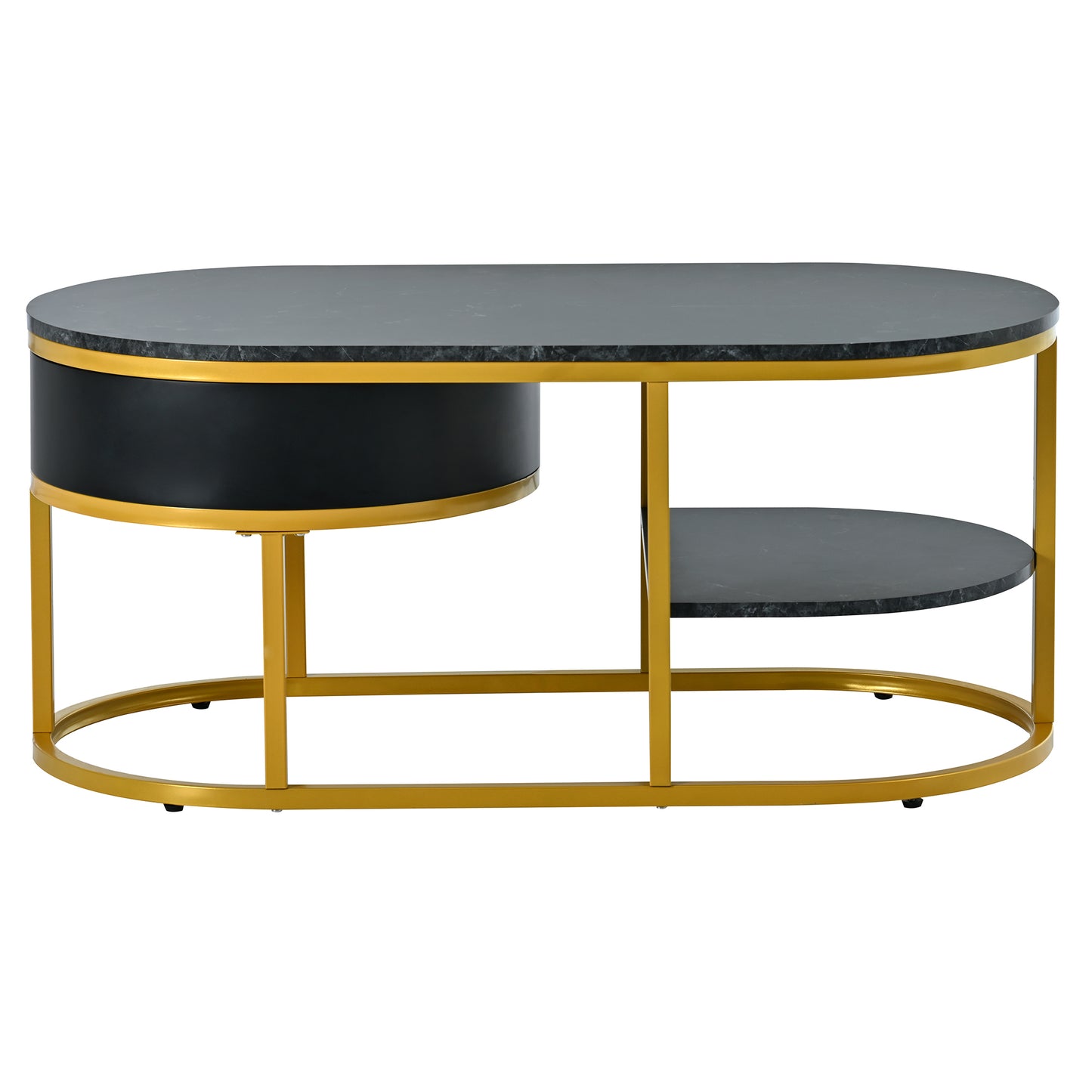 Golden Marble Coffee Table with Metal Frame, Drawers & Shelves for Living Room