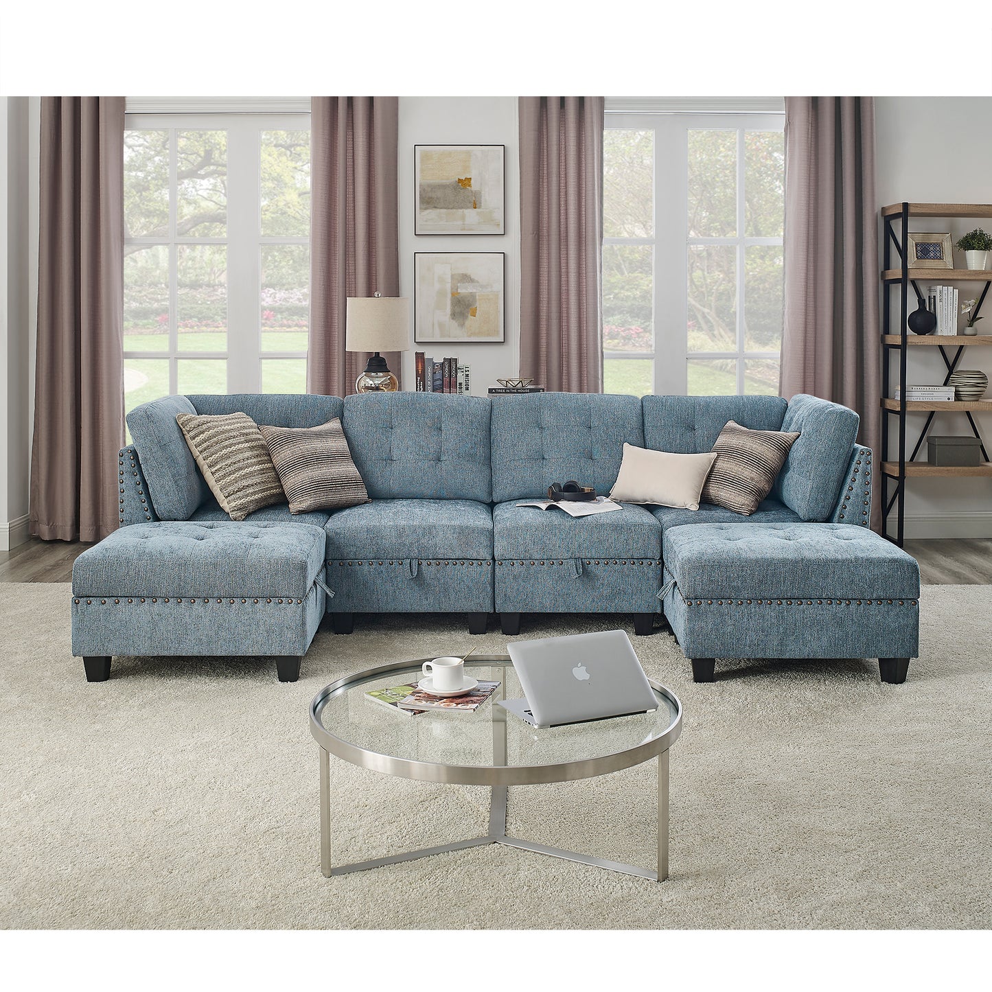 Modular U-Shape Navy Chenille Sectional Sofa with DIY Combination