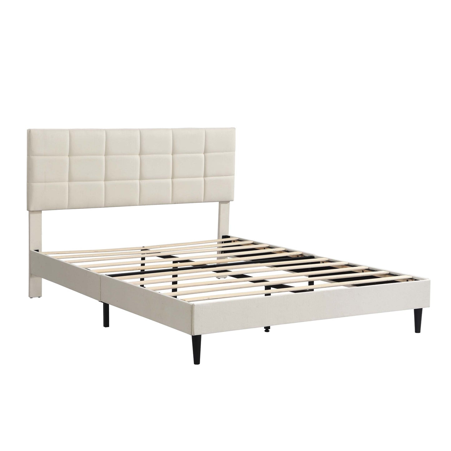 Queen Size Platform Bed Frame with Fabric Upholstered Headboard and Wooden Slats, No Box Spring Needed/Easy Assembly, Beige