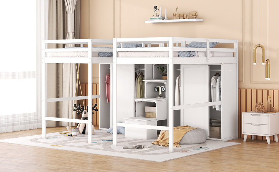 Double Twin Loft Beds with Wardrobes and Staircase, White