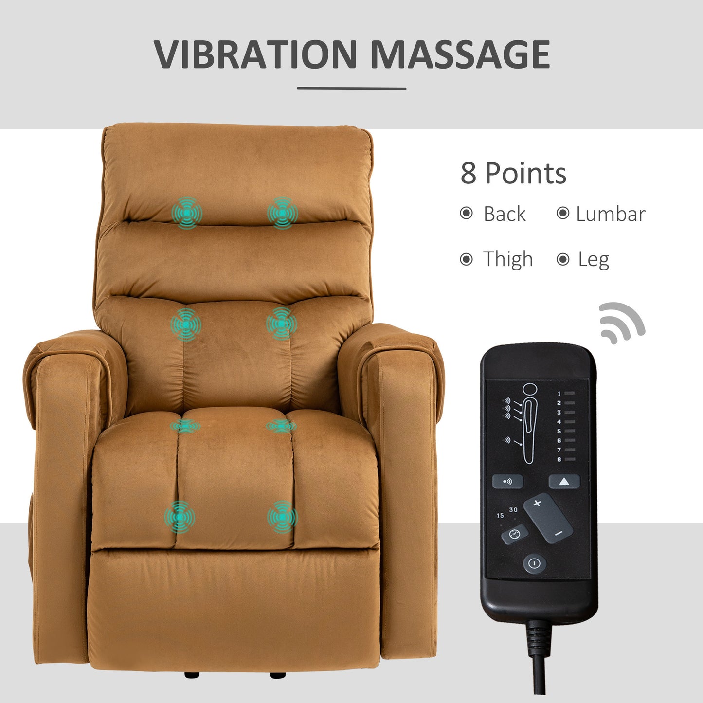 Elderly Velvet Power Lift Chair with Vibration Massage, Brown