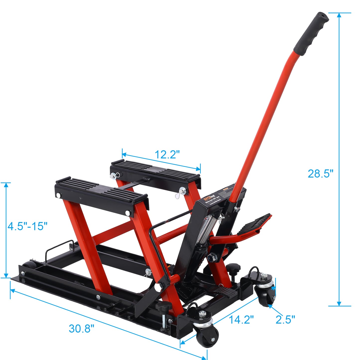 Hydraulic Motorcycle Lift Jack, 1500 LBS Capacity ATV Scissor Lift Jack, Portable Motorcycle Lift Table with 4 Wheels, Hydraulic Foot-Operated Hoist Stand for Motorcycle ATV UTV Powersports