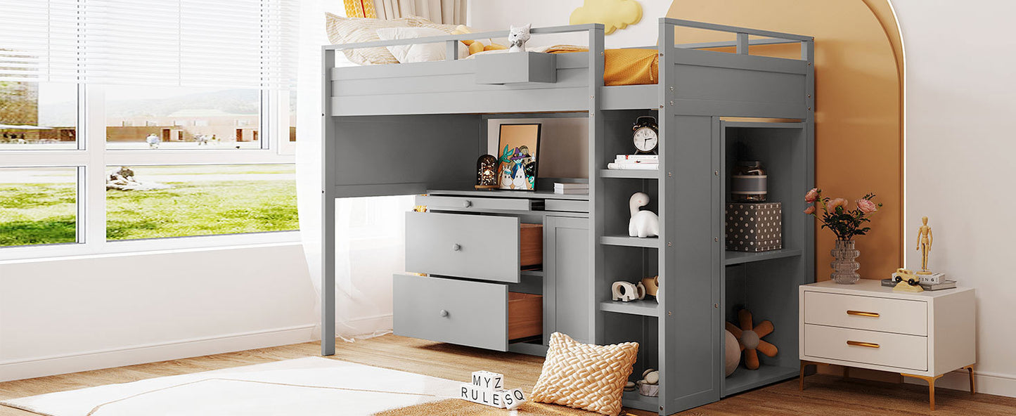 Loft Bed with Rolling Cabinet and Desk - Gray