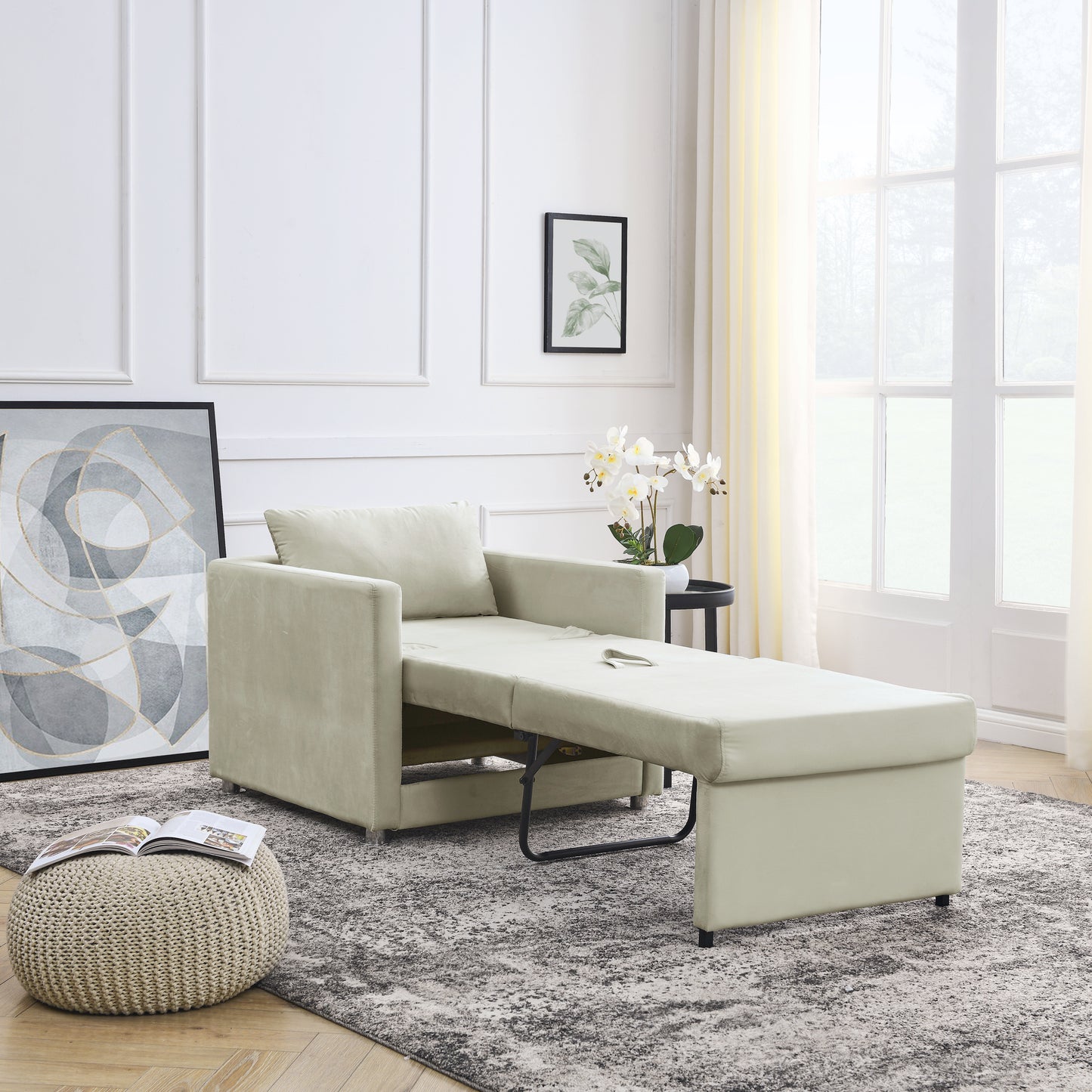 Sofa Bed Chair 2-in-1 Convertible Chair Bed, Lounger Sleeper Chair for Small Space with One Pillow, Beige Velvet