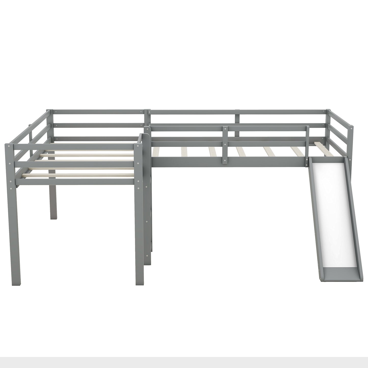 L-Shaped Twin Size Loft Bed with Ladder and Slide, Gray