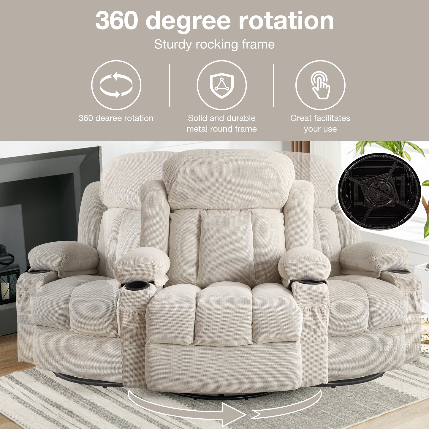 Heated Swiveling Recliner Massage Sofa with USB and Cup Holders